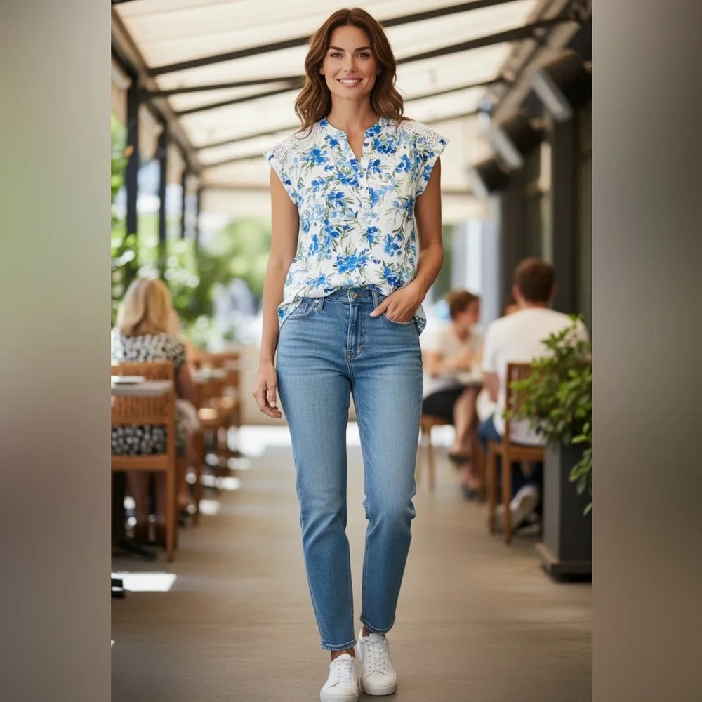 NWOT Fortune & Ivy, Stitch Fix Blue‎ & White Floral Crochet Short Sleeve Top
